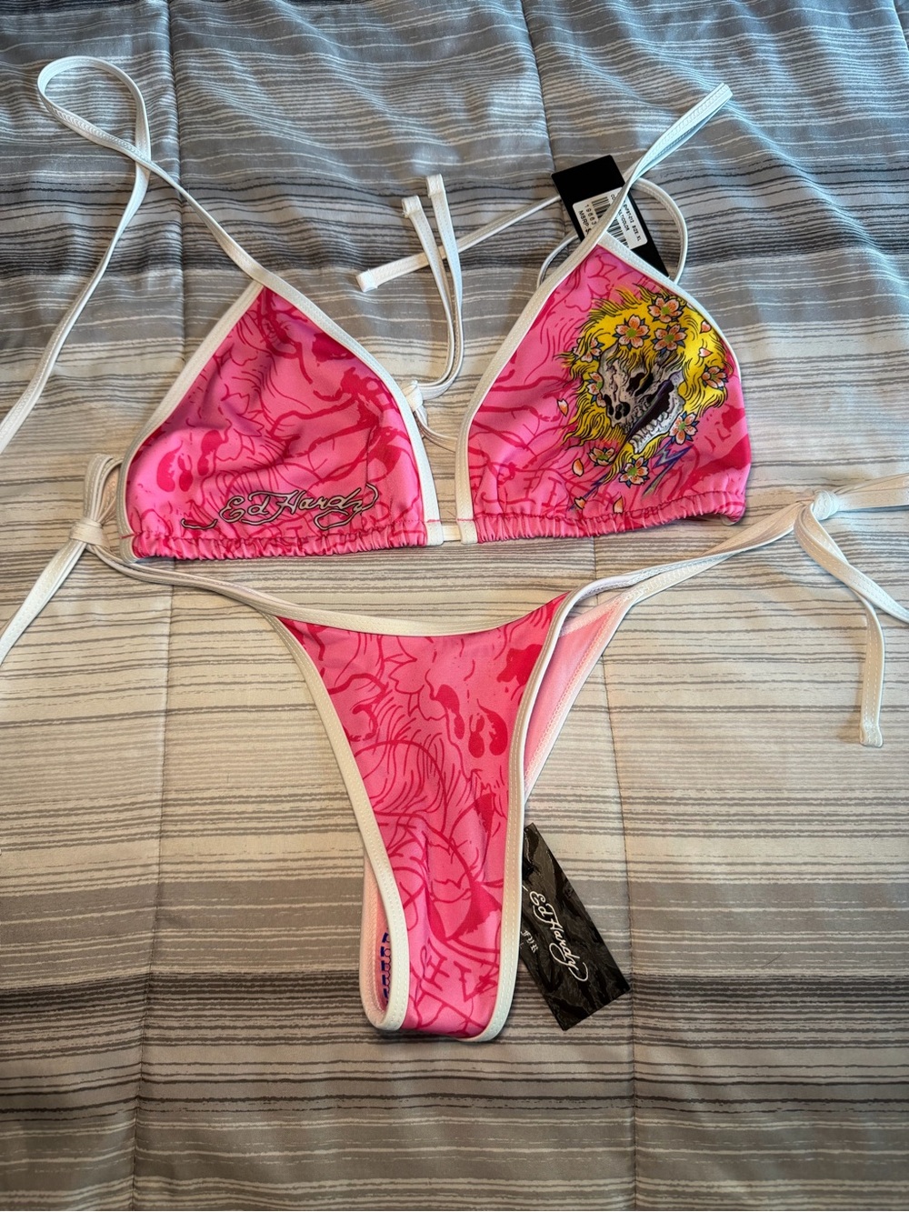 Ed Hardy Hot Pink Floral Skull Triangle Bikini Set with White Trim